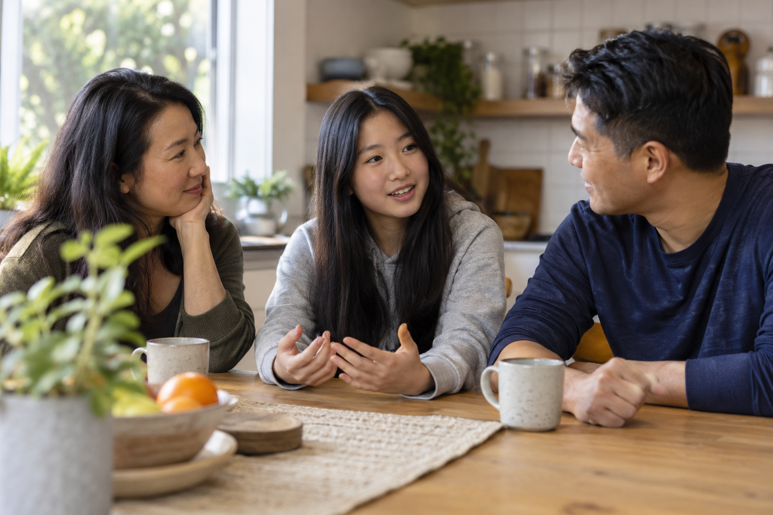 An Asian teenager talking with her parents at their kitchen table