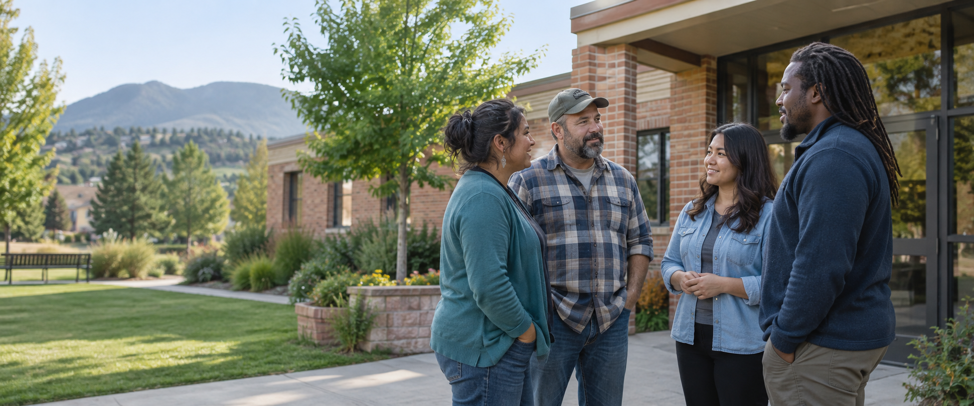 Community members talking outside a community building