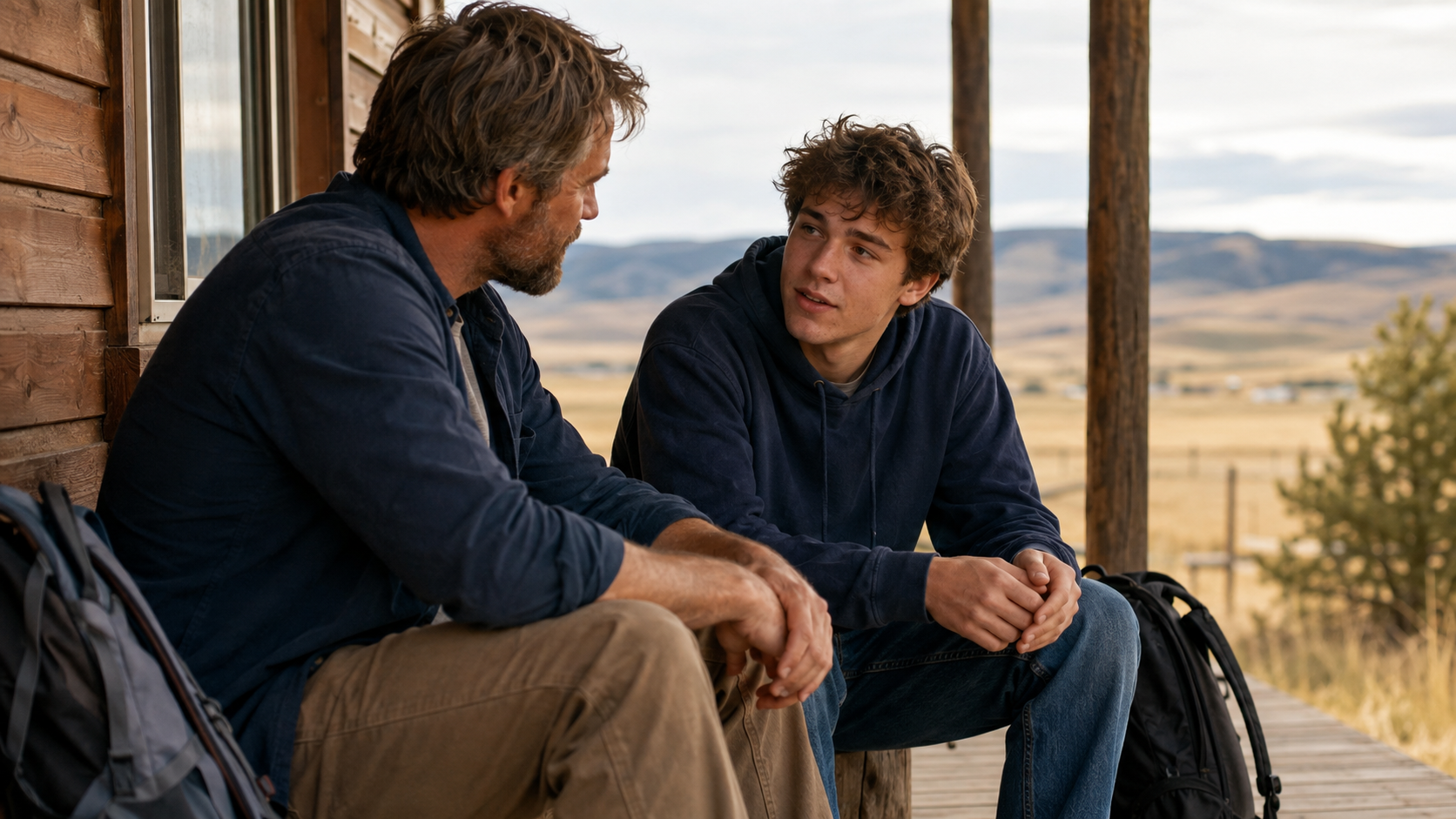 A father listening to a young person during a conversation on a porch